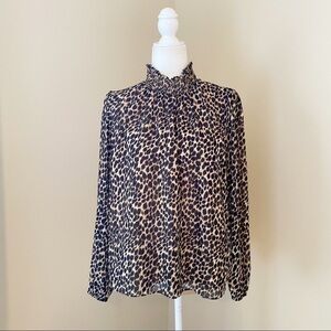 J. Crew Factory Leopard Smocked Neck Long Sleeve Top - Medium